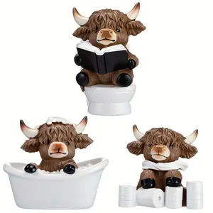3Pcs Highland Cow Bath Time Fun Resin Figurine Set – Humorous Bathroom Decor Sculptures for Shower or Shelf, Creative Stress-Relieving Ornament for Home & Bath, Whimsical Gift for Animal Lovers, Rustic Farmhouse Vibe, Western Cow Ornaments