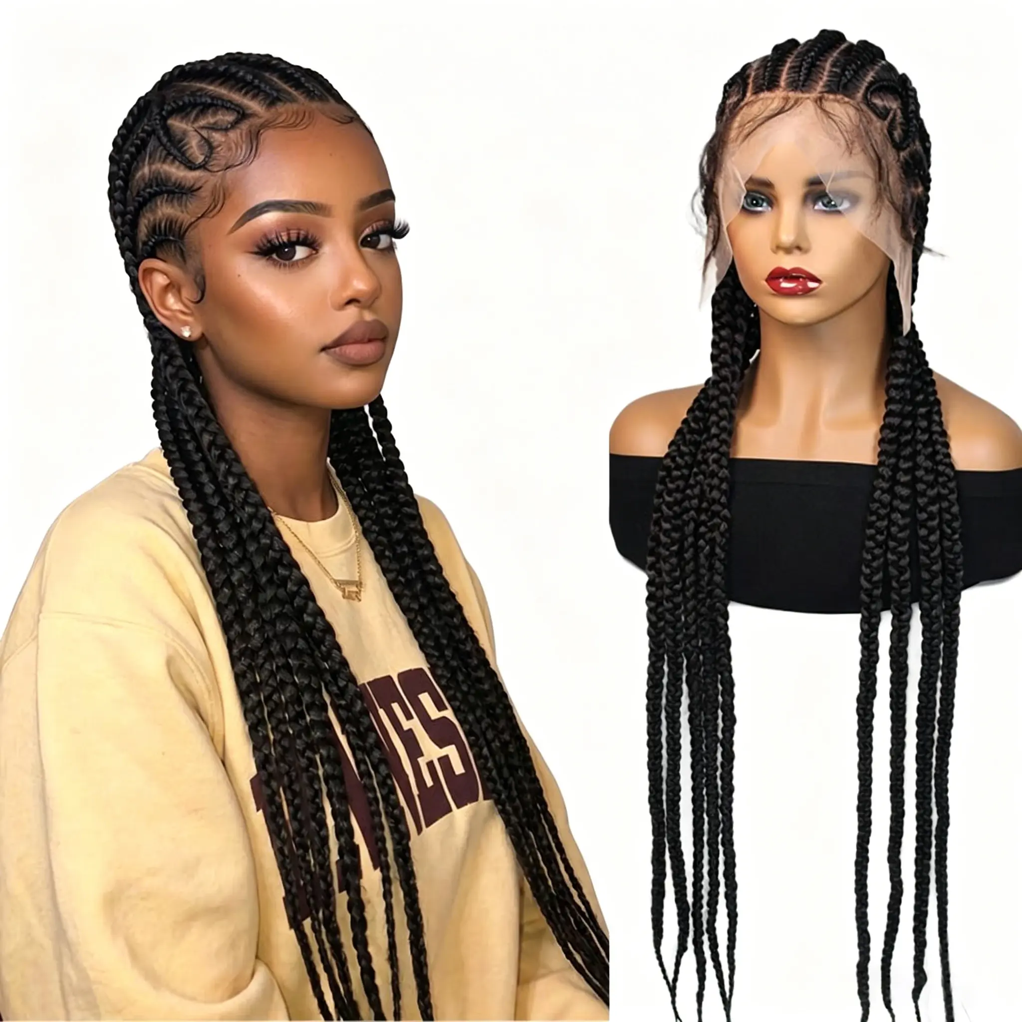 DOSAY 32 Inches Synthetic Lace Frontal Braiding Hair Wigs Heart Shape Knotless Braids Wigs Handmade Cornrow Braided Wigs with Baby Hair for Women