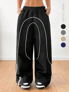 2026 New Stylish Girls' Back-to-School Baggy Sweatpants - Woven Strap, Black Wide-Leg, Urban Streetwear, 80s Gym Style, Machine Washable, Outdoor Activity Wear, Barrel, Loose, Oversized Designs, Barrel Sweatpants Pants