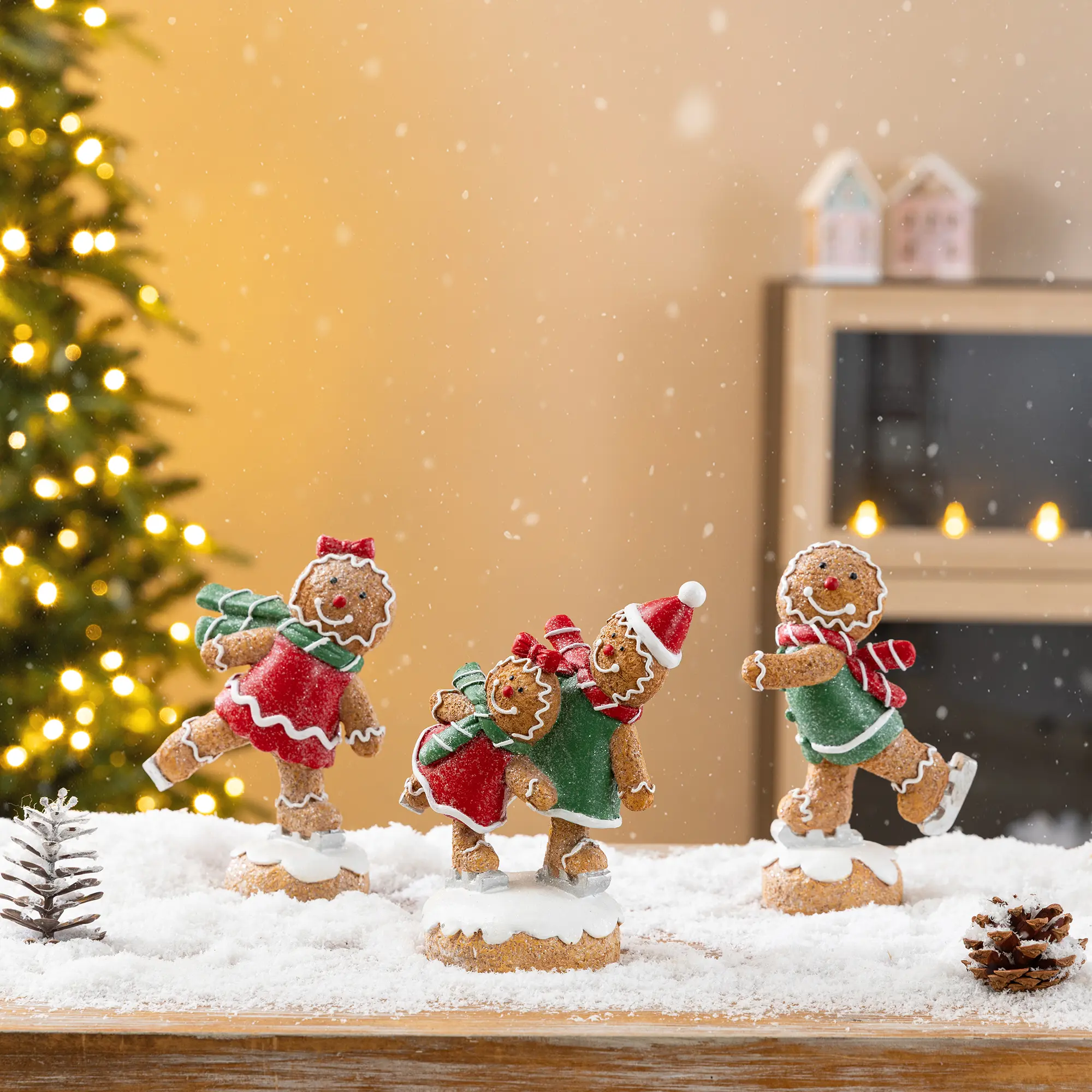 Glitzhome 6-in Multicoloured Painted Hand-Painted Polyresin Gingerbread Man Skiing Tabletop Decor Set of 3, Standing 6-in to 6.25-in Tall, Festive Party Holiday Home Decor
