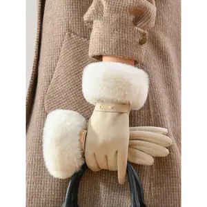 Women's Solid Color Contrast Faux Fur Design Gloves, Cute Warm Gloves for Fall & Winter, Fashion Accessories for Women & Girls