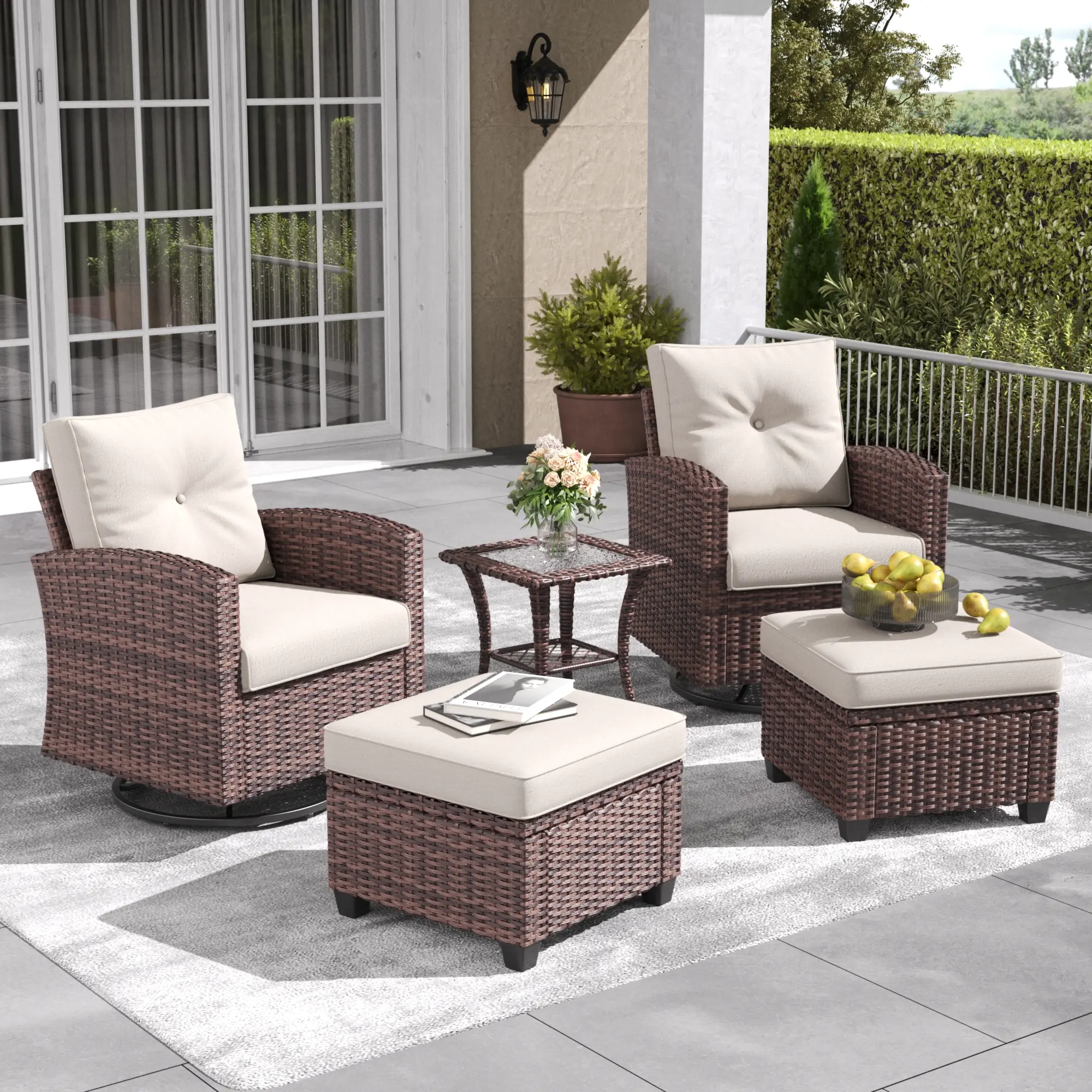 【4 Packages Shipping】LayinSun 5 Piece Outdoor Wicker Swivel Rocking Glide Chairs with Ottoman and Coffee Table, Conversation Set with Comfy Cushions for Garden, Backyard, Porch