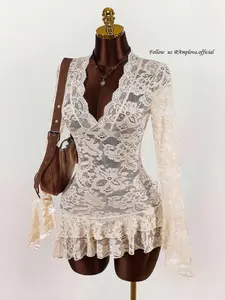 Amplova Summer Hippie Sheer Low-Cut Mini Dress For Women,Boho Clothes Women