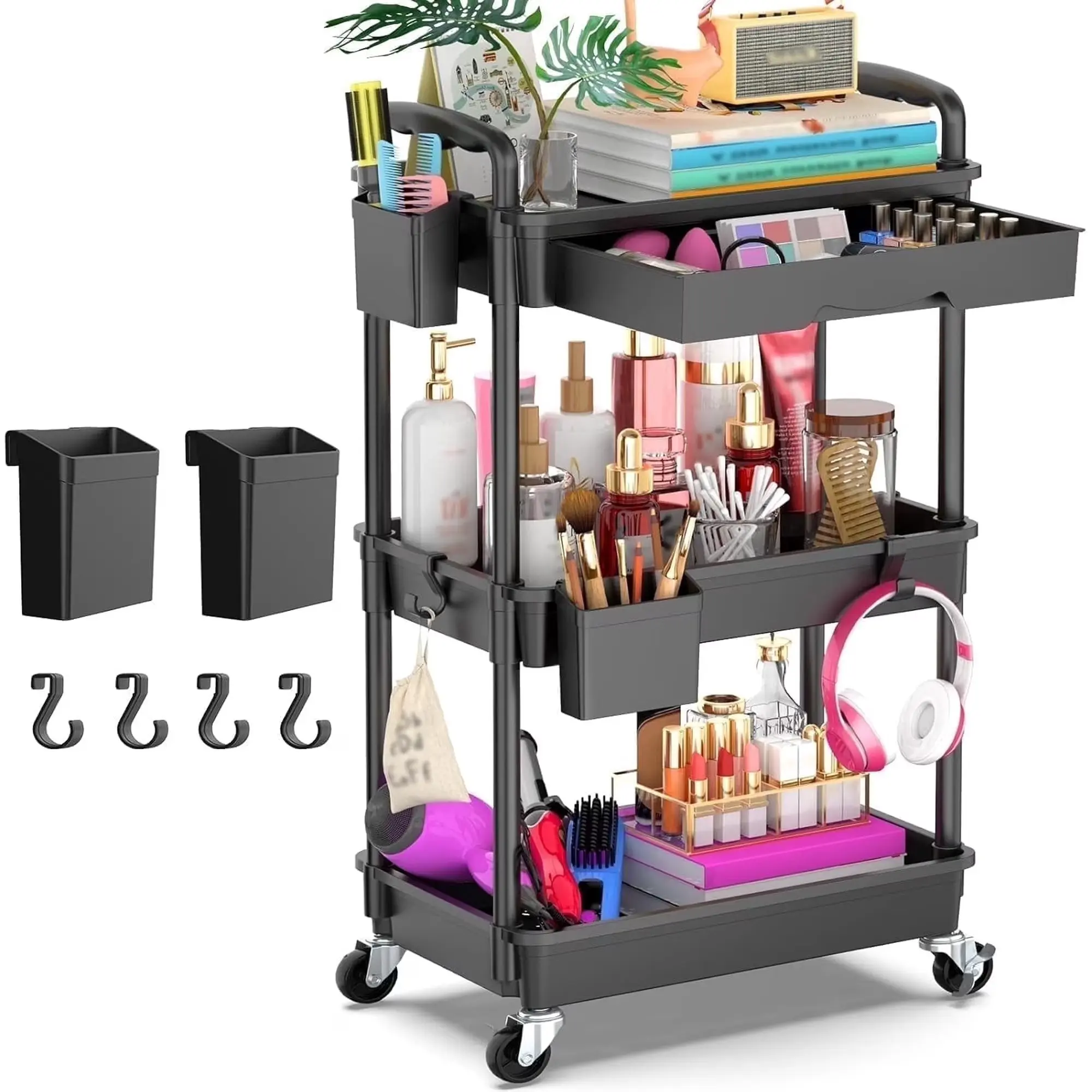 Rolling Utility Cart Organizer with Removable Drawer, Mobile Storage Carts with 2 Lockable Wheels for Bathroom, Kitchen, Snack, Craft, Makeup, Baby Essentials