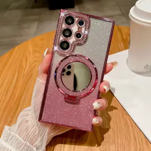 Luxury Diamond-Studded Gemstone-Embellished, Aesthetic Makeup Mirror with 360-Degree Rotating Stand and Shock-Resistant Phone Case for Samsung Galaxy S26 S25, S24, S23, S22 Ultra/22 Plus Gradient Water Ripple Electroplated Shimmering Protect