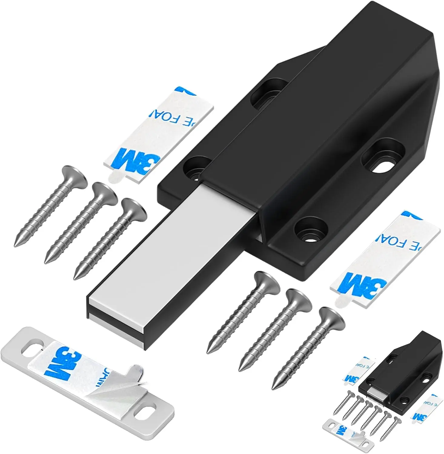 2-Pack Heavy-Duty Black Magnetic Push Latches - Nail-Free Easy Installation, Push-Release Press-Out Door Hardware for Large Doors, Kitchen Drawers