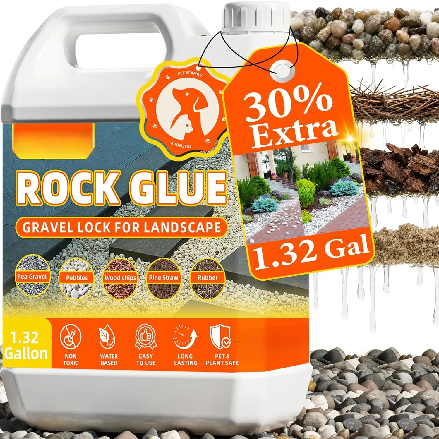 Rock Glue for Landscaping, 1.32 Gallon Mulch Glue for Landscaping, Mulch Adhesive & Gravel Stabilizer for Pea Gravel, , and Stone for Outdoor Landscape, Walkways, Yards, Patios, and Driveways