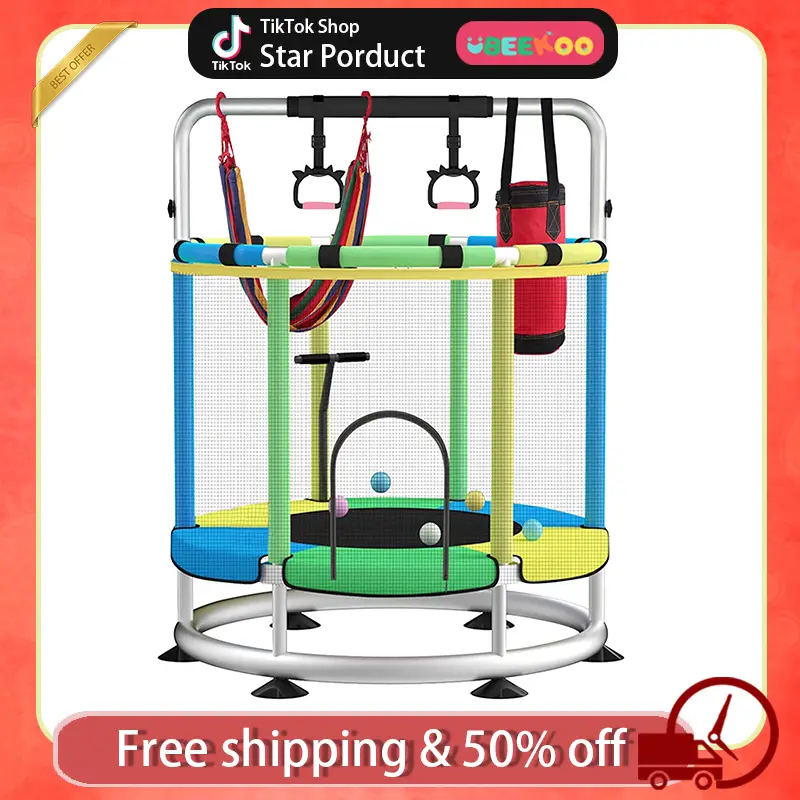 UBEEKOO Trampoline for kids， 55" Toddler Trampoline Indoor & Outdoor，440lbs Capacity Baby Trampoline with Enclosure, No-Gap Safe Design, Gifts for Boy