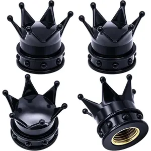 4PCS Crown Tire Valve Stem Caps, with O Rubber Ring, Tire Air Valve Cap Plastic with Brass Core, Universal Cars, SUV, Trucks, Bikes, Motorcycles, Bicycles (Black)