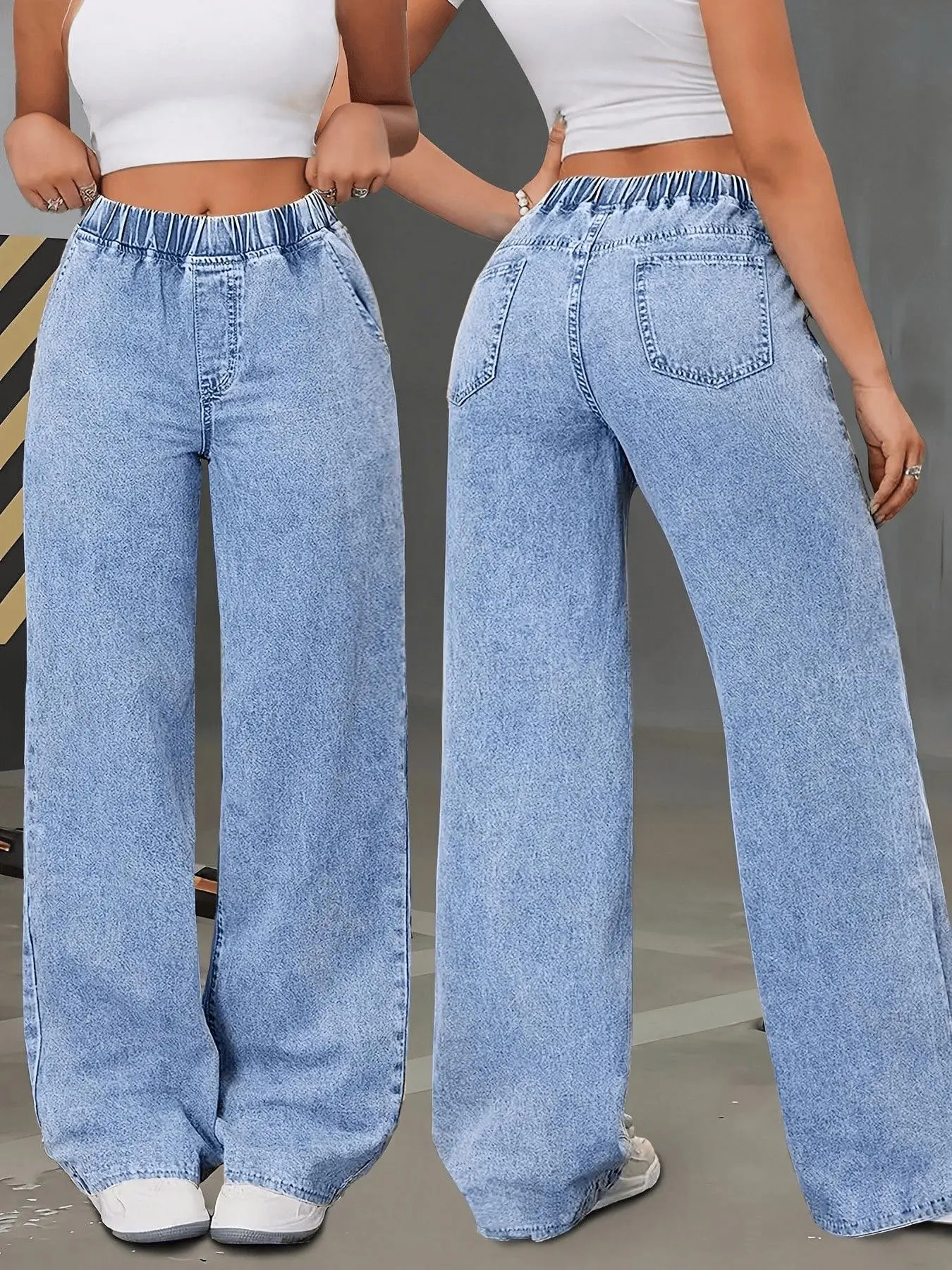 Women's High Waisted Jeans, Stretch Waist Wide Leg Straight Leg Tummy Revealing Acid Washed Denim Pants With Pockets, Elegant Loose Comfortable Trousers For Travel Work Daily Office Wear   Womenswear Bottom Trouser Pants