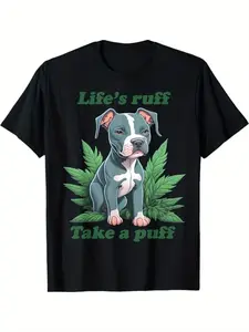 Life'S Ruff, Take a Puff" Dog & Mint Leaf Print Cotton T-Shirt, Comfortable Crewneck for All Seasons, Perfect for Casual Wear & Sports
