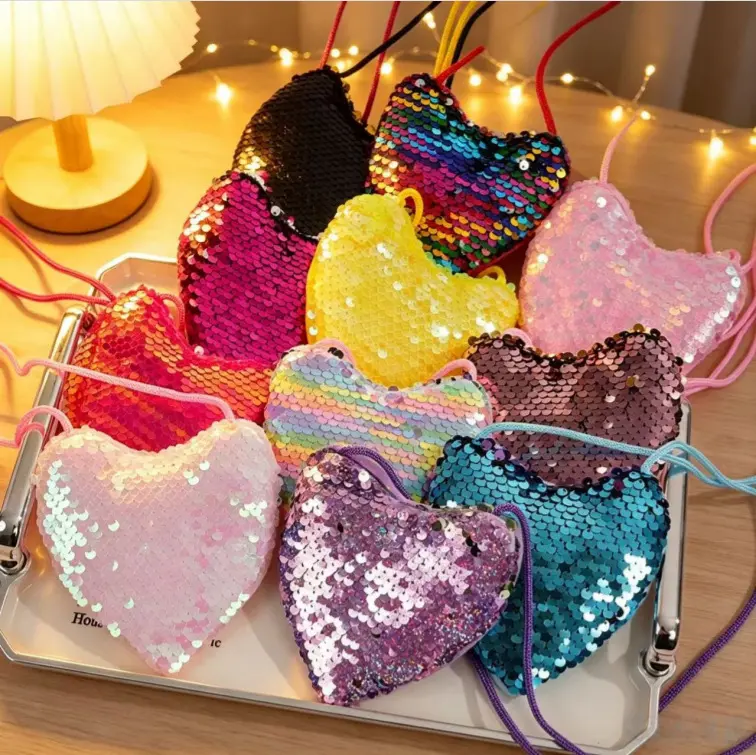Kids Heart Sequin Crossbody Purse, Reversible Glitter Mini Coin Bag, Cute Girls Zipper Card Wallet, Colorful Sparkly Heart Shoulder Bag For Kids Party Daily Casual