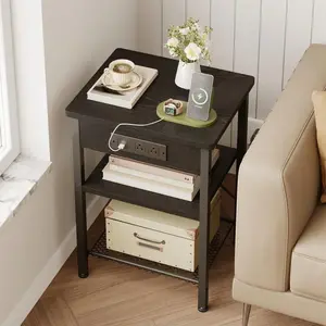 End Table With Charging Station Side Table 3-Tier Bedside Table Fabric Drawer Nightstand Small Space Apartment Decor USB Hub Furniture Foldable Shoe Box Storage