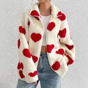 sweater Women's Autumn Winter New Plush Love Printed Loose Long-sleeved Zipper Cardigan Jacket