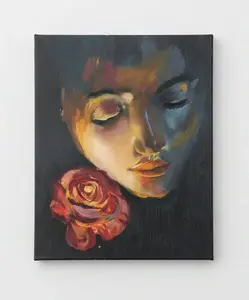 Dan The Man Original Light Artistic Painting - Portrait of Girl with Red Flower - Oil on Canvas Artwork - 16"x20" Wall Decor