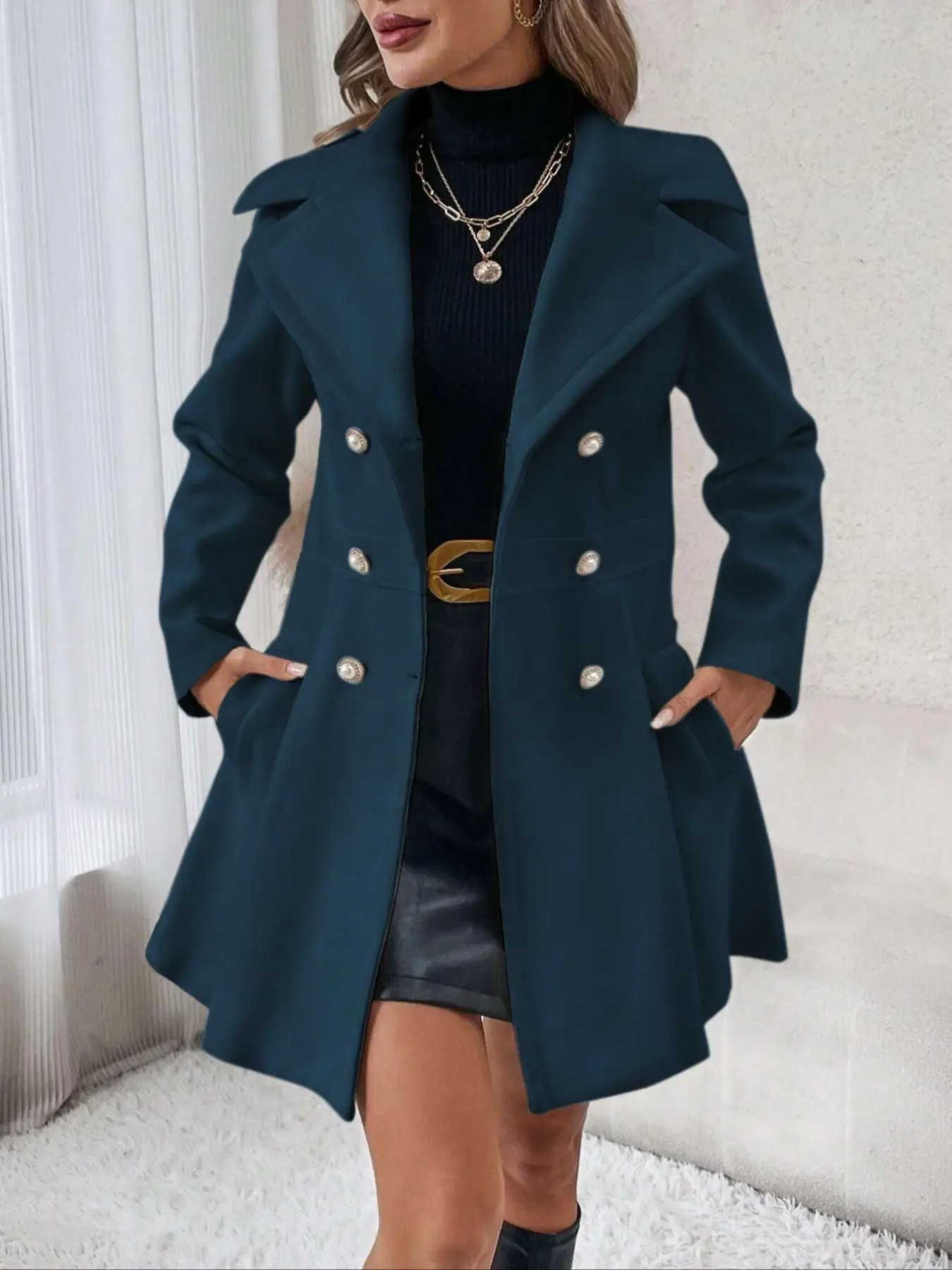 Women's Solid Color Double Button Lapel Coat, Elegant Fashion Long Sleeve Pocket Design Coat for Daily Outdoor Wear, Women Clothing for Fall & Winter