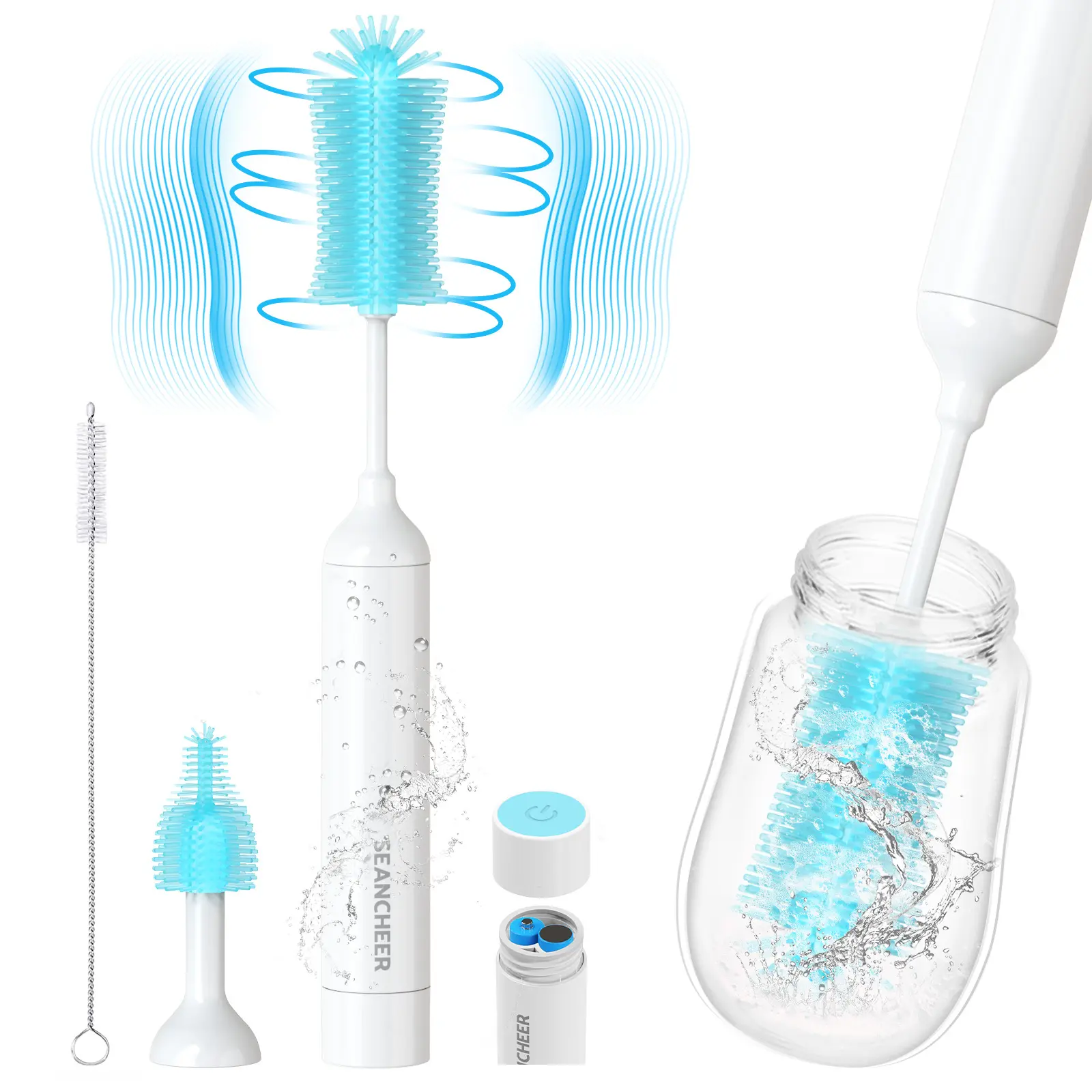 SEANCHEER S02 Electric Bottle Brush Set, Portable Baby Bottle Brush Cleaner, AA Battery-Powered & IPX7 Waterproof, with Silicone Bottle/Nipple/Straw Brush, for Home & Travel