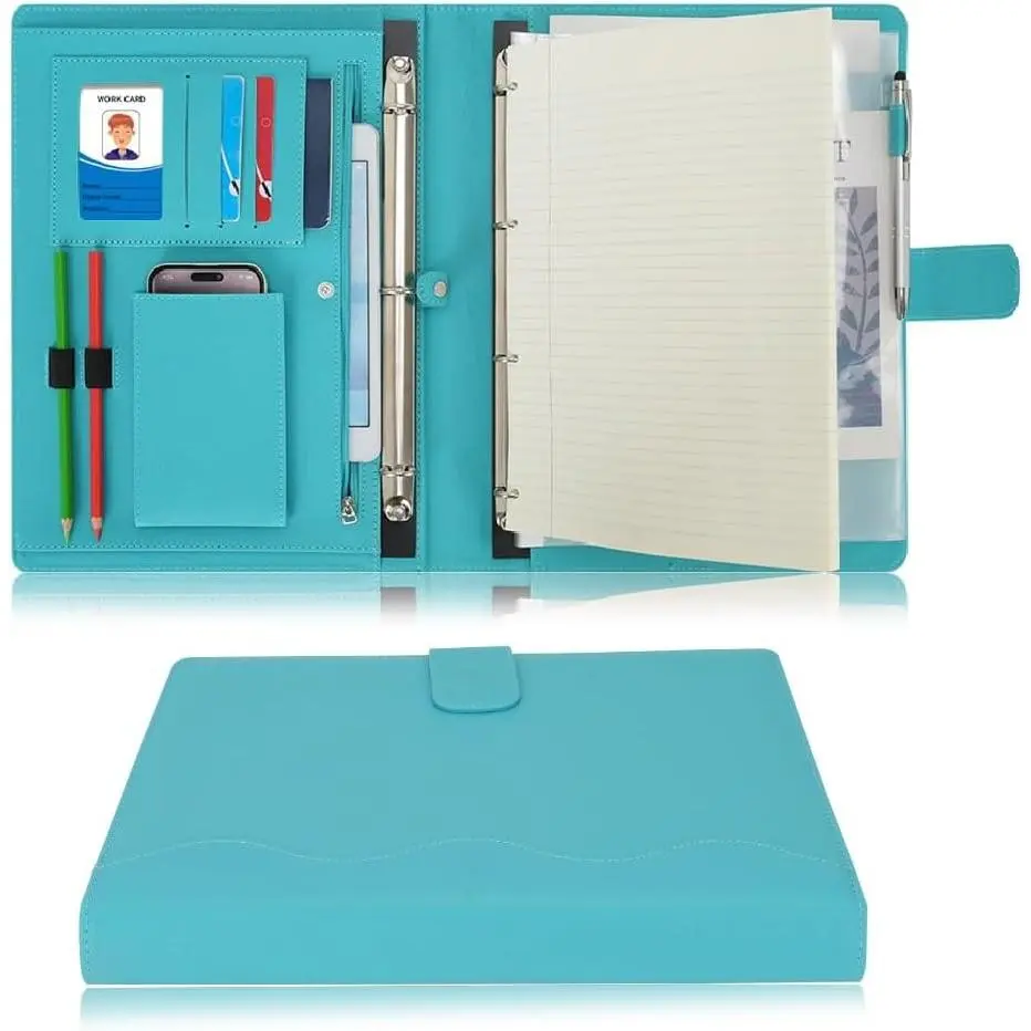 A4 PU Leather 3 & 4 Ring Holder Writing Portfolio Multi Document Case with Removable Binder Clipboard and Functional Pocket for Organizer Office Travel School (Cyan)