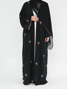 Women's Bow Embroidery without Hijab, Elegant Long Sleeve Open Front Abaya for Women, Fashion Islamic Clothing for Daily Wear, Modesty Muslim Clothing