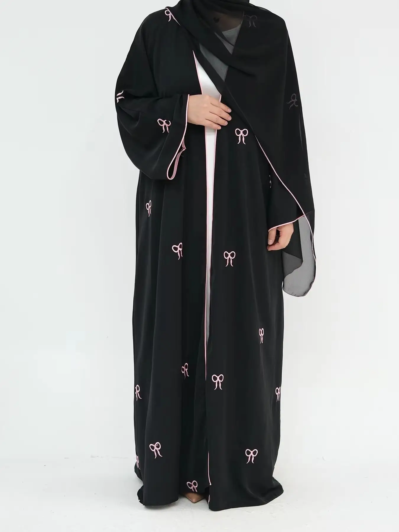 Women's Bow Embroidery Abaya without Hijab, Elegant Long Sleeve Open Front Abaya for Women, Fashion Islamic Clothing for Daily Wear