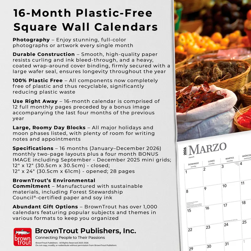 Mercados de Mexico | Markets of Mexico | 2026 12 x 24 Inch (Hanging) Monthly Square Wall Calendar | English/Spanish Bilingual | Plastic-Free | BrownTrout | Clothes Toys Food Shopping 5