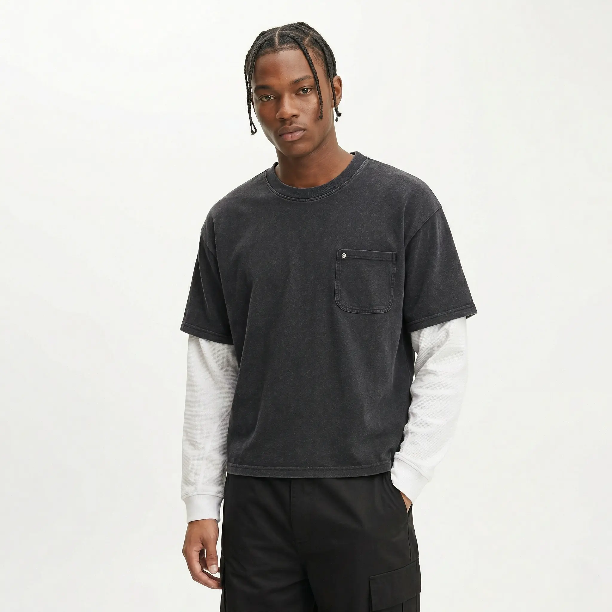 High Level Stonewashed Layered Waffle-Sleeve Tee | Boxy Fit Streetwear