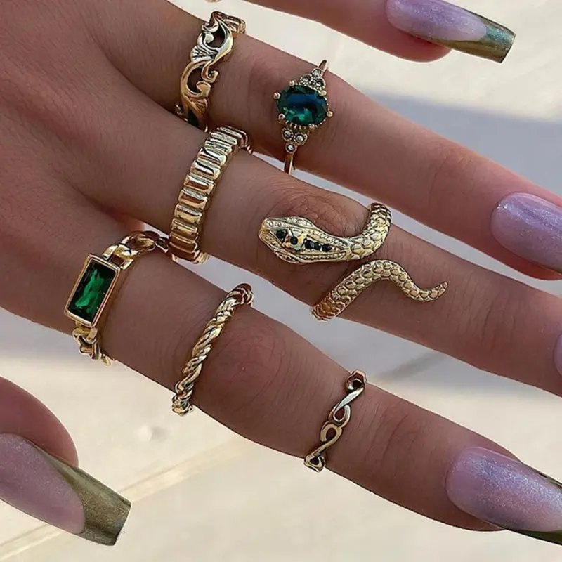 Rhinestones Decor Ring Set, Stacking Ring Set, Stackable Rings, Statement Multi Ring, Fashion Geometric & Twist & Snake Design Ring, Trendy Accessories for Women & Girls, Trendy All-match & Exquisite Jewelry for Gift, Fashion Accessory