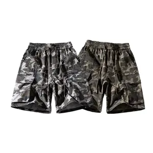 Men’s summer camo cargo shorts, 2-pack, elastic waistband with drawstring, multiple pockets, straight or slightly loose fit, classic woodland dark green/grey/black urban camo styles; stylish mesh fitness beach sports shorts.