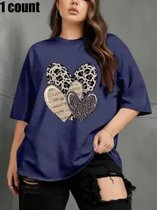 【Plus Size】 Leopard & Heart Print Round Neck Tee, Fashion Casual Baggy Crew Neck Short Sleeve T-shirt for Daily Outdoor Wear, Women Clothing for All Seasons