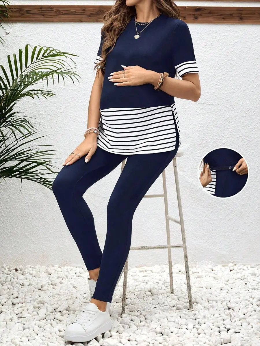 LUNA LAYER Womens Maternity 2 Piece Set Round Neck Colorblock Short Sleeve Top and Leggings Set