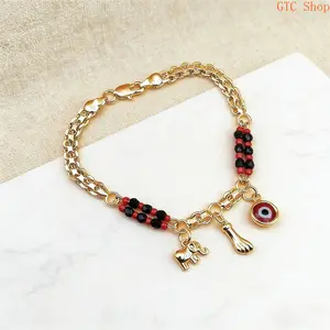 Boho Red & Black Beaded Elephant Charm Bracelet – Gold Plated Copper Evil Eye Accent, Bohemian Stackable Design, Stylish Jewelry for Music Festivals, Parties, Daily Wear & Meaningful Year-Round Gifting