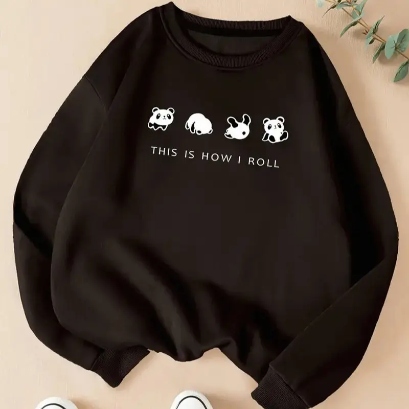 Panda Print Pullover Sweatshirt, Casual Long Sleeve Crew Neck Sweatshirt For Fall & Winter, Women's Clothing