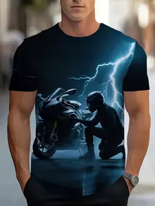 Men's Motorcycle Rider Print T-Shirt, 3D Rider and Motorbike Pattern Short Sleeve, Base with Accent, Summer Riding Clothing, Streetwear, Menswear