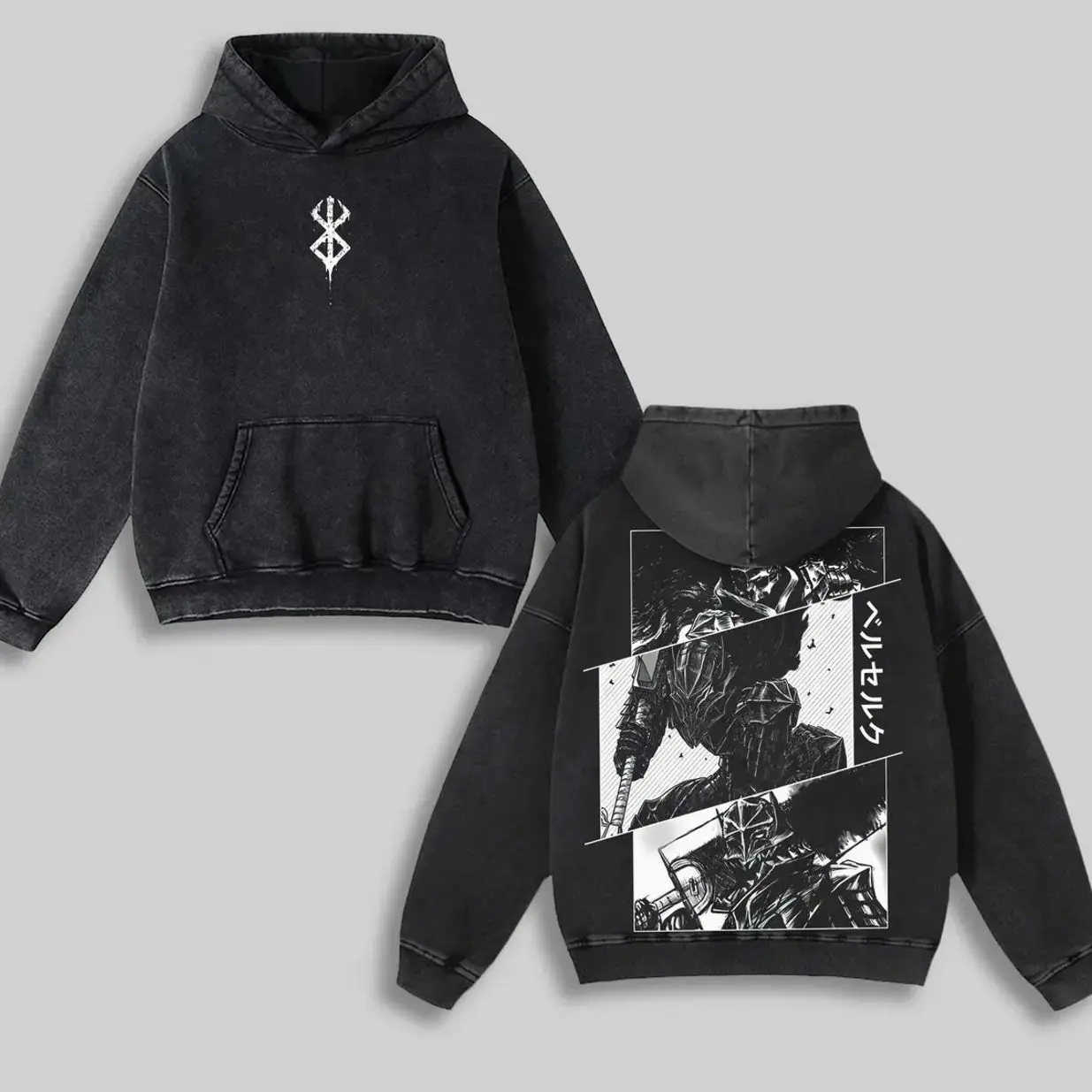 Berserk Anime Hooodie - Guts Dark Fantasy Graphic Hoodie, Washed Vintage Style, Perfect for Anime Fans & Collectors Clothing Cotton ODU