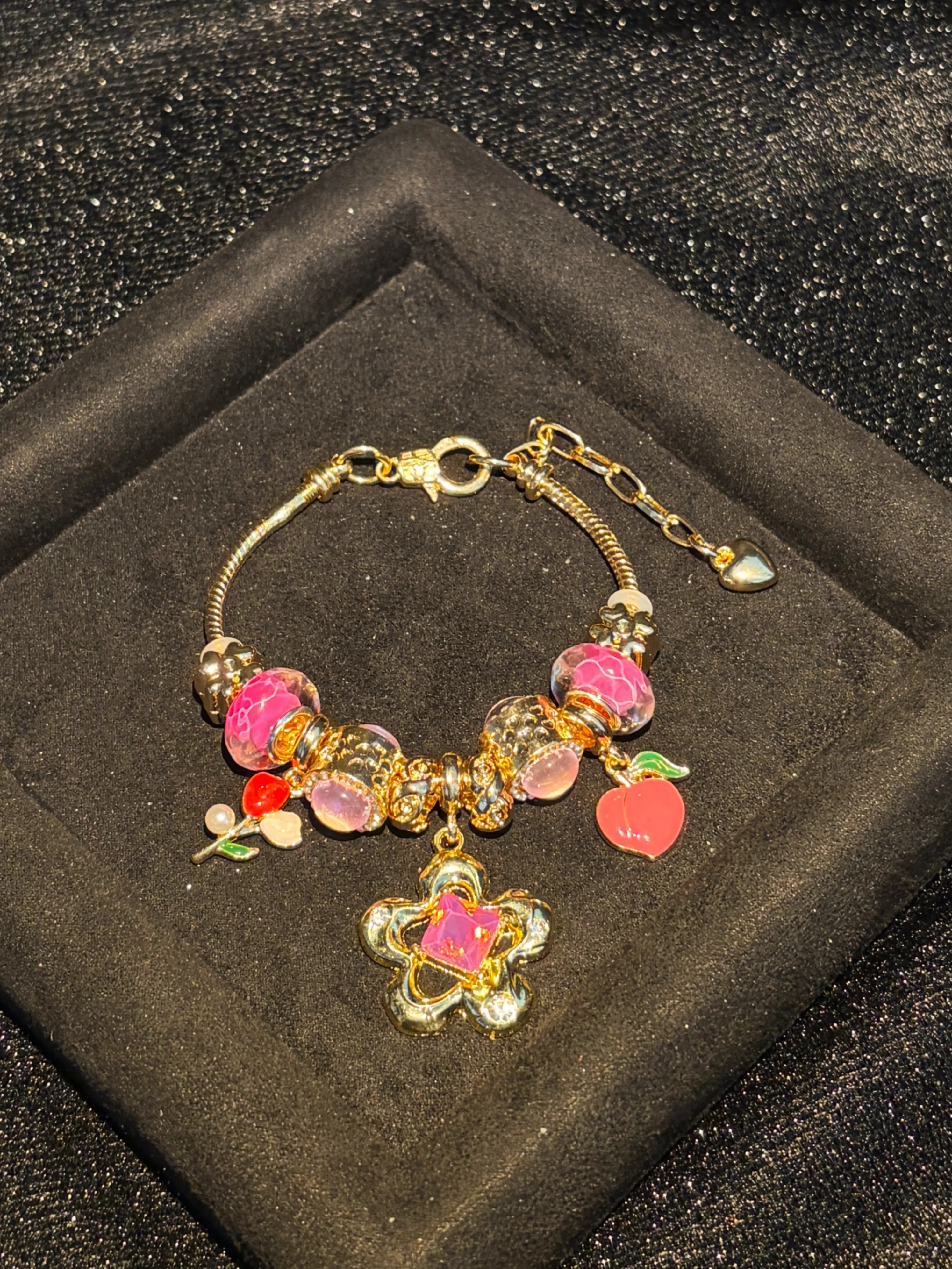 Gold-Tone Snake Chain Charm Bracelet with Clover, Peach Flower & Murano Glass Beads - Stackable Costume Jewelry Gift for Women