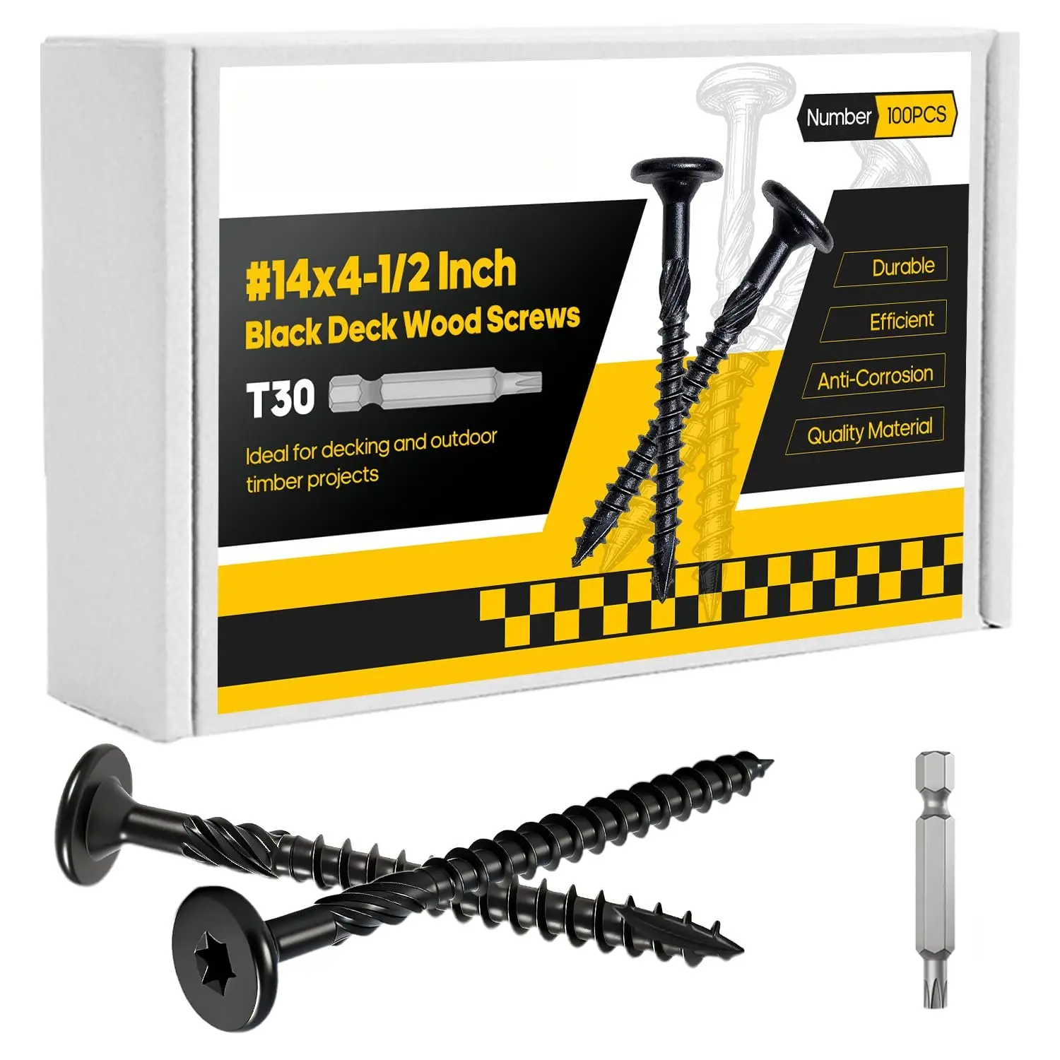 100 count #14 x 4-1/2" Lag Screws Black, Structural  Screws  Drive, Heavy-Duty Exterior Construction Screws for Timber, Landscaping & Framing, T30 Bit Included, Rust Resistant