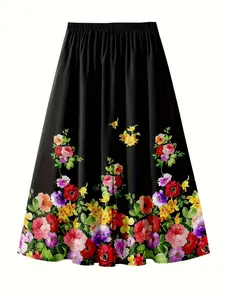 Spring and Summer Fashion Elegant Elastic Waist A-Line Floral Print Skirt