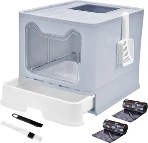 Panghuhu88 Foldable Cat Litter Box with Lid, Large Top Entry Cat Toilet, Enclosed Cat Potty Include Cat Litter Scoop, Drawer Type Easy Clean Cat Litter Pan (Grey, 20" L x 16" W x 15" H)