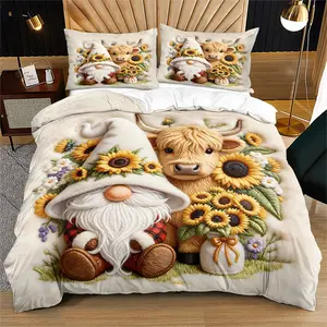 Sunflower Gnome & Highland Cow Embroidered Bedding Set, Decorative Bedding Set, Cozy Bedroom Decor, Warm Quilt Cover, Pillowcases Included, One Size Fits All