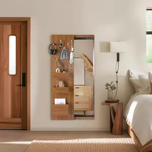 Walnut Dressing Mirror Cabinet, Wall-Mounted Sliding Storage Organizer, Multi-Functional Design with Hooks and Shelves, Ideal for Bedroom, Entryway, Living Room, and Space-Saving Home Decor