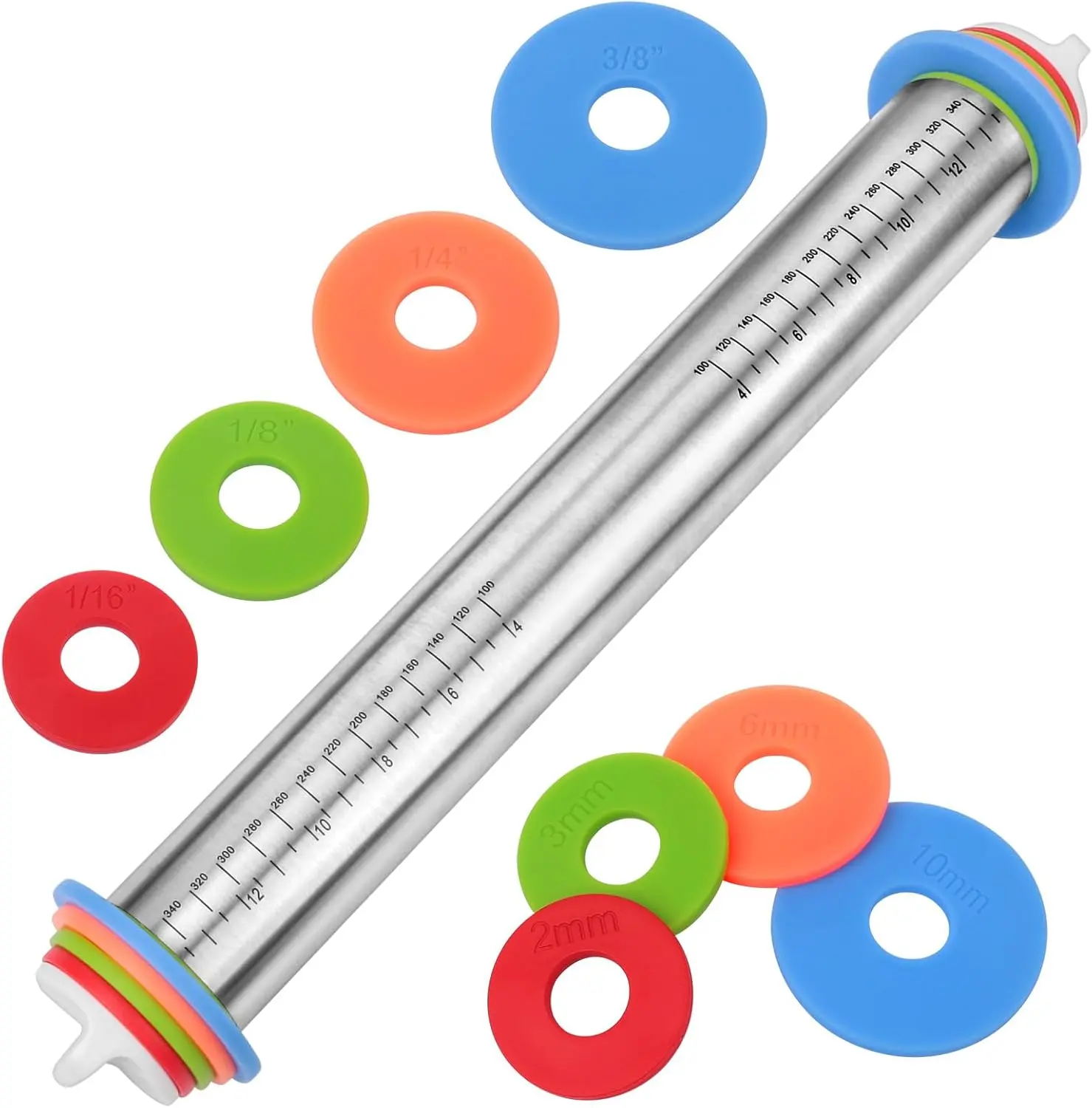 Stainless Steel Adjustable Rolling Pin with Removable 3mm-6mm Thickness Ring Guides, Smooth Non-Slip Aluminum-Component Bakeware Utensil for Pastry, Cookie Dough & Adjustable Thickness Control
