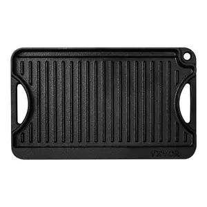 Reversible Grill/Griddle, 14x8.5 inch Pre-Seasoned Cast Iron Griddle, Portable Rectangular Pan with Handle, Family Cookware for Indoor/Outdoor Stove Top Burner, Gas, Camping BBQ, Black