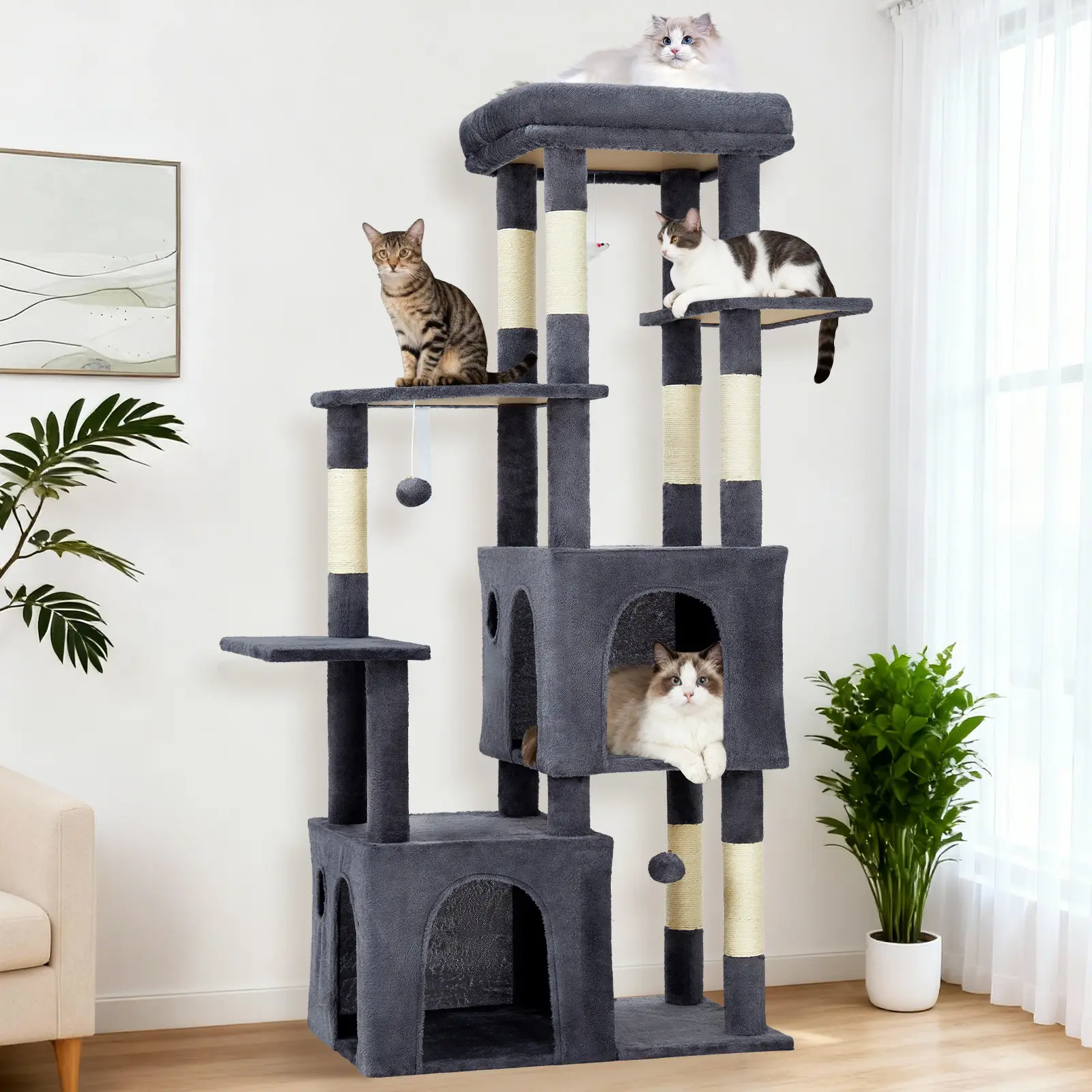 OUTGOODS Sturdy Cat Tree Tower for Large Indoor Cats & Maine Coons – 61" Multi-Level Modern Cat Furniture with Extra-Large Perch, 2 Spacious Condos, Sisal Scratching Posts, Interactive Toys, Versatile Playground