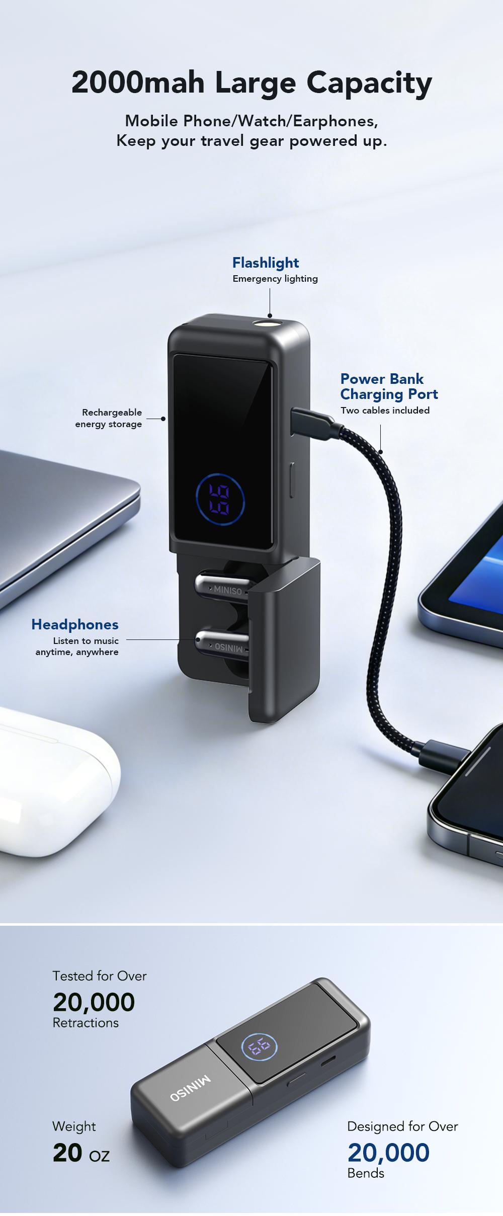 MINISO MS120 3-in-1 TWS Bluetooth Earbuds, Bluetooth 6.0, Built-In High-Power Flashlight with Three Adjustable Modes (Steady On / Flashing), 2000mAh Power Bank, Suitable for Outdoor Hiking and Sports