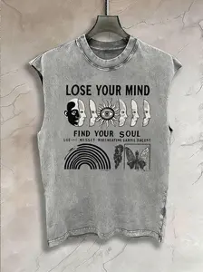 Biker Vest | Motorcycle Print Design, 230g Washed Cotton, Mens Edgy Sleeveless, Road Trip Wear