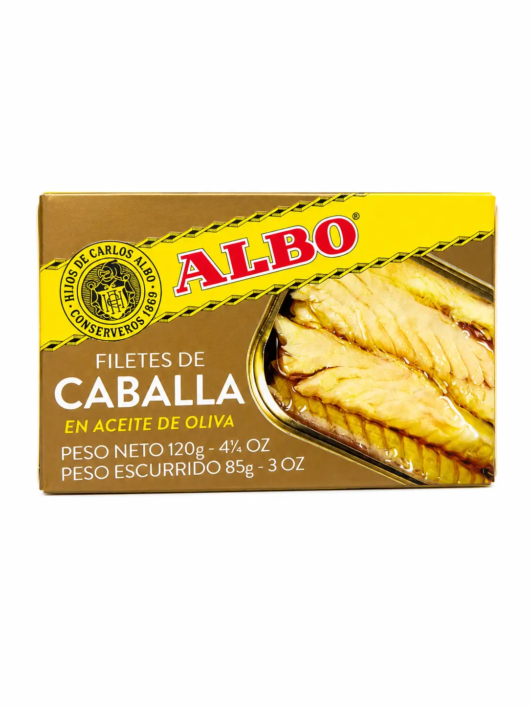 Albo Canned Mackerel Fillets (Caballa) in Olive Oil - 120g (4 oz) Room Temp Ambient Cans - Sugar-Free, Low-Calorie, Vitamin A-Rich High-Protein Pantry Snack