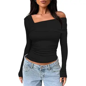 Womens One Off Shoulder Shirts Long Sleeve Slim Fit Going Out Crop Tops Ruched Tight Casual Blouses 2025 Y2K Clothes