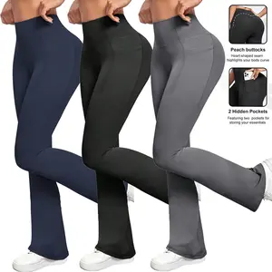 Women's High Waist Flared Leggings with Pockets Long Length Yoga Pants for Running & Exercise Gym Sportswear Bottoms Breathable Activewear