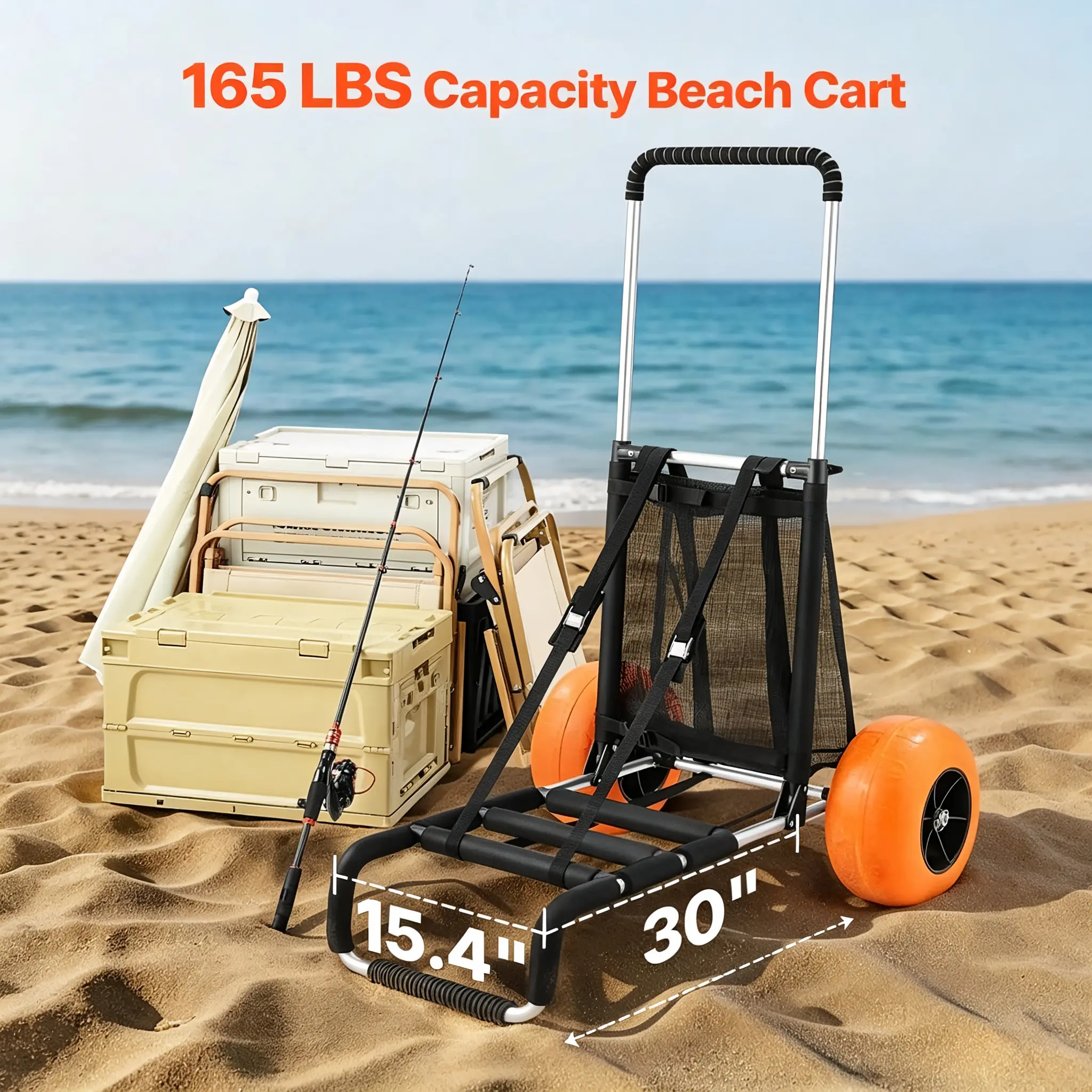 【SummerFinds】VEVOR Beach Dolly with Big Solid Wheels for Sand,  ,29.9" x 15.4" Cargo Deck, w/ 12" Foam Wheels, 165LBS Loading Capacity Folding Sand Cart & 27" to 44.7" Adjustable Height, Heavy Duty Cart for Beach