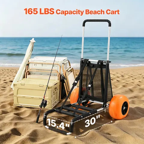 VEVOR Heavy-Duty Aluminum Beach Cart - Compact Folding Outdoor Trolley with 29.9x15.4in Large Cargo Deck, 12in Foam Solid Sand Wheels, 165lbs Capacity, 27-44.7in Adjustable Height, Gear-Holding Straps for Beach, Camping, Gardening Transport, 12 Inch Foam